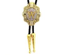 DELIGUO Bolo Ties Krawatte Für Herren - Oval Initialen Buchstabe Goldenes Kreuz Schild Krawatte Schmuck, Western Cowboy Leder Seil Anhänger Halskette Kostümzubehör,W,Einheitsgröße