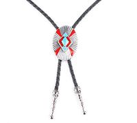 DELIGUO Bolo Ties Krawatte Für Herren - Oval Vintage Ethno-Stil Neuheit Krawatte Schmuck Geschenk, Western Cowboy Leder Seil Anhänger Halskette Kostümzubehör,Rot,Einheitsgröße