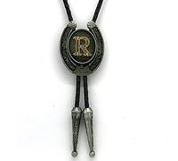 DELIGUO Bolo Ties Krawatte Für Herren - U-Form, Goldener Buchstabe, Geschnitzt, Vintage-Anhänger, Krawatte, Western-Cowboy, Leder, Seil, Hemd, Accessoires, Schmuck Für Erwachsene, R, Einheitsgröße