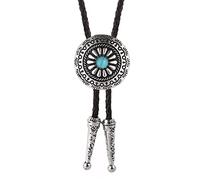 DELIGUO Bolo Ties Krawatte Für Herren - Vintage Natural Türkis Runde 3D Blume Anhänger Krawatte Schmuck, Western Cowboy Herren Damen Leder Seil Halskette Zubehör,Blau,Einheitsgröße