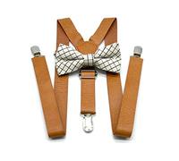 DELIGUO Herren Hosenträger - Leder-Hosenträger Mit Fliege Britischer Stil Einfarbig Unisex Y-Rücken Verstellbarer Hosenriemen, Lässiges Kostümzubehör, Braun, 2,5 cm