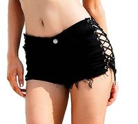 Deloito Damen Sexy Bandage Taste Niedrige Taille Shorts Cowgirl Denim Kurze Hose Abgeschnitten Mini Jeans Hot Pants (Schwarz-05, Medium)