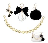 DELORIGIN Taschenanhänger Set Herz Geldbörsenketten Verlängerungskette Blume Schlüsselanhänger Schleife Schlüsselanhänger Süße Handtaschen Kaninchenfell Anhänger Für Handtasche(Schwarz Gold)