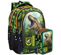 Deluxe Grundschul-Set gefüllt Schulrucksack + 3-Fach Federmäppchen 45 Teile - Klasse 3-6 - ergonomisch 43×33×15 cm - Geschenk für Jungen - Julian Ross T-Rex Dinosaurier