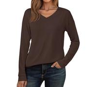 Demegimi Damen Langarmshirts V Ausschnitt Locker Top T Shirt Herbst Basic Outfit Longshirts Casual Dünne Sweatshirt Braun XL