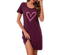 Demegimi Damen Nachthemd Kurzarm Schlafshirt Baumwolle Herzen Sleepshirt Nachtwäsche Sommer Schlafkleid Rundhals Loungewear S-3XL