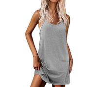 Demegimi Freizeitkleid Damen Sommerkleid Loose Strandkleid Spaghettiträger Knielang Trägerkleid Nachthemd mit Taschen