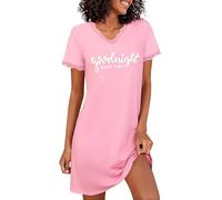 Demegimi Nachthemd Damen Kurzarm Schlafshirt Baumwolle Kurz Sexy Spitze Sleepshirt V-Ausschnitt Nachtwäsche S-3XL