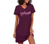 Demegimi Nachthemd Damen Kurzarm Schlafshirt Baumwolle Kurz Sexy Spitze Sleepshirt V-Ausschnitt Nachtwäsche S-3XL