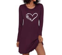 Demegimi Nachthemden für Damen Langarm Schlafshirt Damen Kurz Winter Herzen Schneeflocken Rundausschnitt Sleepshirt Baumwolle T-Shirt Schlafkleid