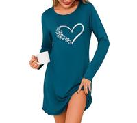 Demegimi Nachthemden für Damen Langarm Schlafshirt Damen Kurz Winter Herzen Schneeflocken Rundausschnitt Sleepshirt Baumwolle T-Shirt Schlafkleid