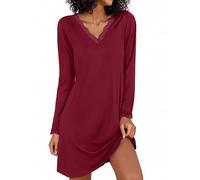 Demegimi Nachthemden für Damen Langarm Schlafshirt Damen Kurzarm Sommer Spitze Negligee V-Ausschnitt Sleepshirt Baumwolle T-Shirt Schlafkleid