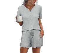 Demegimi Pyjama Damen Kurz Schlafanzug Damen Baumwolle Pyjama Set V-Ausschnitt Zweiteiliger Nachtwäsche Shorty Urlaub Sleepwear mit Knopfleiste
