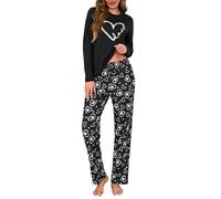 Demegimi Pyjama Set Damen Langarm Schlafanzug Damen Lang Baumwolle Pyjama Set Zweiteilig mit Herz-Print Loungewear Dame S-XXL