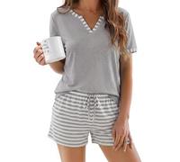 Demegimi Schlafanzug Damen Kurz Baumwolle Sommer Pyjama Zweiteiliger Pyjama Set Gestreift Weicher Shorty Hausanzug V-Ausschnitt Nachtwäsche