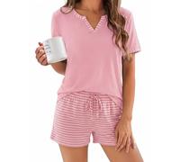 Demegimi Schlafanzug Damen Kurz Baumwolle Sommer Pyjama Zweiteiliger Pyjama Set Gestreift Weicher Shorty Hausanzug V-Ausschnitt Nachtwäsche