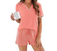 Demegimi Schlafanzug Damen Kurz Baumwolle Sommer Pyjama Zweiteiliger Pyjama Set Gestreift Weicher Shorty Hausanzug V-Ausschnitt Nachtwäsche