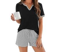 Demegimi Schlafanzug Damen Kurz Baumwolle Sommer Pyjama Zweiteiliger Pyjama Set Gestreift Weicher Shorty Hausanzug V-Ausschnitt Nachtwäsche