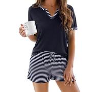 Demegimi Schlafanzug Damen Kurz Baumwolle Sommer Pyjama Zweiteiliger Pyjama Set Gestreift Weicher Shorty Hausanzug V-Ausschnitt Nachtwäsche