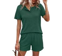 Demegimi Schlafanzug Damen Kurz Pyjama Baumwolle Set Sommer Shorty Knopfleiste Zweiteilige Nachtwäsche Hausanzug mit Taschen S-XXL