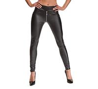 Demoniq Schwarze Damen Leggings Hose aus Wetlook Material elastisch mit durchgehendem Reißverschluss und Gesäßtaschen XXL