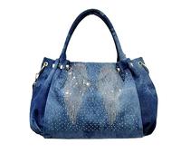 Denim Hobo Bag Jeans Damen Tasche mit Diamantflügel Große Kapazität Casual Schultertasche Tote Bag, Dunkelblau, 40*14*26cm