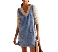Denim-Overall-Kleid für Damen, Baggy-Distressed-High-Roller-Minikleid, lässiges, ärmelloses, kurzes Jeanskleid in A-Linie,Light Blue,L