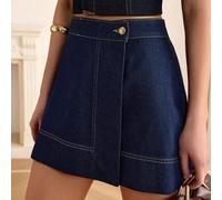 Denim Rock mit hoher Taille, Wickel-Knopfverschluss, A-Linie, ideal für den Alltag, Schule oder Ausflüge, gefertigt aus 100% Baumwoll-Denim ohne Stret