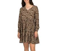 DENIMFY A Linien Kleid Damen DFIda Midikleid Kleider Strandkleid Sommerkleid Sommer Blumenmuster Elegant Langarm Knielang V-Ausschnitt, Größe:L/XL, Farben:Leo Middle Brown