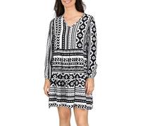 DENIMFY A Linien Kleid Damen DFIda Midikleid Kleider Strandkleid Sommerkleid Sommer Blumenmuster Elegant Langarm Knielang V-Ausschnitt, Größe:M/L, Farben:Ethno Black