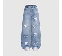 Denimly Tween Mädchen lockerer Schnitt hellblaue Denim Wide-Leg Jeans, Herz-Stickerei, elastischer Bund, weich lässig süß Sommer Schule Schulanfang Sp
