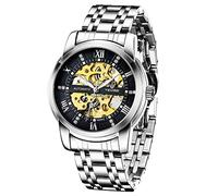 Dentily Herren-Armbanduhr, mechanisch, Edelstahl, Skelett, automatisch, wasserdicht, Business-Uhren für Herren, SilverBlack, Mechanische Uhr