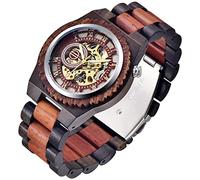 Dentily Herren Holzuhr Dreieck Skelett Automatikuhr Mechanische Holzuhren für Männer, Rot / Schwarz, Mechanisch, selbstaufziehend