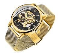 Dentily Herren-Skelett-Uhr, klassische römische Ziffern, Steampunk, mechanische Uhr, Handaufzug, Herrenuhren (blau), Goldfarben / Schwarz, Mechanische Skelett-Armbanduhr