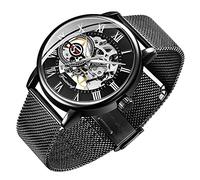 Dentily Herren-Skelett-Uhr, klassische römische Ziffern, Steampunk, mechanische Uhr, Handaufzug, Herrenuhren (blau), Schwarz, Mechanische Skelett-Armbanduhr