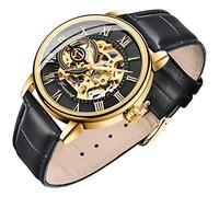 Dentily Herren-Skelett-Uhr, klassische römische Ziffern, Steampunk, mechanische Uhr, Handaufzug, Herrenuhren (blau), Schwarz & Gold 2, Mechanische Skelett-Armbanduhr