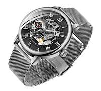 Dentily Herren-Skelett-Uhr, klassische römische Ziffern, Steampunk, mechanische Uhr, Handaufzug, Herrenuhren (blau), Silberfarben und Schwarz, Mechanisch