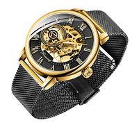 Dentily Herren-Skelett-Uhr, klassische römische Ziffern, Steampunk, mechanische Uhr, Handaufzug, Herrenuhren (blau), Schwarz und Gold, Mechanisch