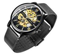 Dentily Herren-Skelett-Uhr, klassische römische Ziffern, Steampunk, mechanische Uhr, Handaufzug, Herrenuhren (blau), Schwarz Gold, Mechanisch