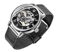 Dentily Herren-Skelett-Uhr, klassische römische Ziffern, Steampunk, mechanische Uhr, Handaufzug, Herrenuhren (blau), Schwarz und Silber, Skelettuhr, mechanisch