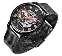 Dentily Herren-Skelett-Uhr, klassische römische Ziffern, Steampunk, mechanische Uhr, Handaufzug, Herrenuhren (blau), Schwarz Rotgold, Mechanisch