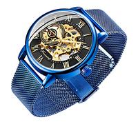 Dentily Herren-Skelett-Uhr, klassische römische Ziffern, Steampunk, mechanische Uhr, Handaufzug, Herrenuhren (blau), Blau / Schwarz, Mechanisch