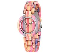 Dentily Holz-Damenuhr, Regenbogen, Naturquarz, Holzuhren für Damen, Pink, Casual