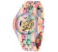 Dentily Spezielle bunte mechanische Holzuhr, Skelett, automatisch, selbstaufziehend, leichte Holzuhr für Herren