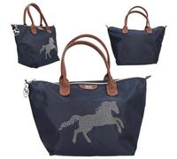 Depesche 13690 Miss Melody Luxury Horse - Umhängetasche in Dunkelblau und Braun, mit Pferde Motiv und kleinen Nieten, Handtasche mit längenverstellbarem Tragegurt
