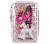 Depesche 10806 TOPModel-Gefüllte 3-Fach Federtasche Bling mit Pudel-Aufdruck, Glitzerhintergrund und Icon-Muster auf der Rückseite, Schüler-Etui in Rosa mit Buntstiften, Lineal, Schere UVM, Mehrfarbig