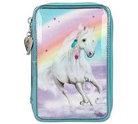 Depesche 11055 Miss Melody - Gefüllte 3-fach Federtasche mit traumhaftem Pferde-Motiv, türkise Federmappe ca. 7,5 x 13 x 20 cm groß, mit Filz- und Buntstiften, Lineal, Schere, Kleber, uvm.