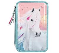 Depesche 11437 Miss Melody - Gefüllte 3-fach Federtasche mit traumhaftem Pferde-Motiv, türkise Federmappe ca. 7,5 x 13 x 20 cm groß, mit Filz- und Buntstiften, Lineal, Schere, Kleber, uvm.