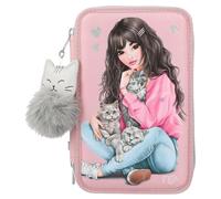 Depesche 11754 TOPModel Kätzchen - Gefüllte 3-Fach Federtasche mit Model-Motiv, rosafarbenes Federmäppchen mit Buntstiften, Lineal, Schere UVM