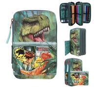 Depesche 11757 Dino World Danger-Gefüllte 3-Fach Federtasche mit Trex Motiv, dunkelgrüne Federmappe mit Buntstiften, Lineal, Schere UVM, Blau [Toy]